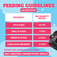Load image into Gallery viewer, Feeding guidelines for calcium sticks on a blue background with a dog's head.
