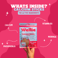 Load image into Gallery viewer, Wellie Calcium Sticks for dogs packaging with active ingredients on a pink background
