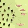 Load image into Gallery viewer, Heart-shaped dog treats on a green background with text about their benefits.
