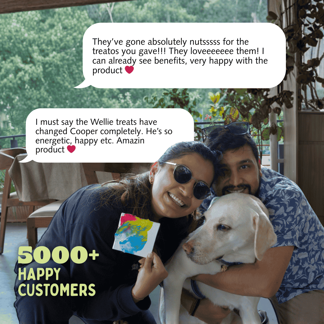 Two people holding a dog with text about dog treats and happy customers.