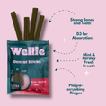 Load image into Gallery viewer, Wellie Dental Sticks packaging with text highlighting benefits on a pink background
