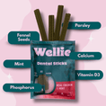 Load image into Gallery viewer, Wellie Dental Sticks packaging with ingredients listed on a pink background
