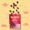 Load image into Gallery viewer, Wellie 8-in-1 Multivit Bites packaging with benefits on a yellow background
