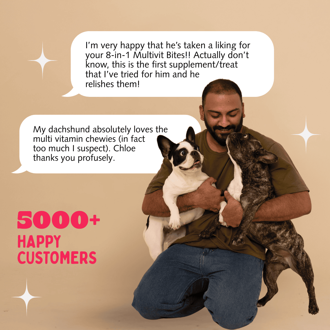 Man holding two dogs with text about a supplement and 5000+ happy customers on a beige background