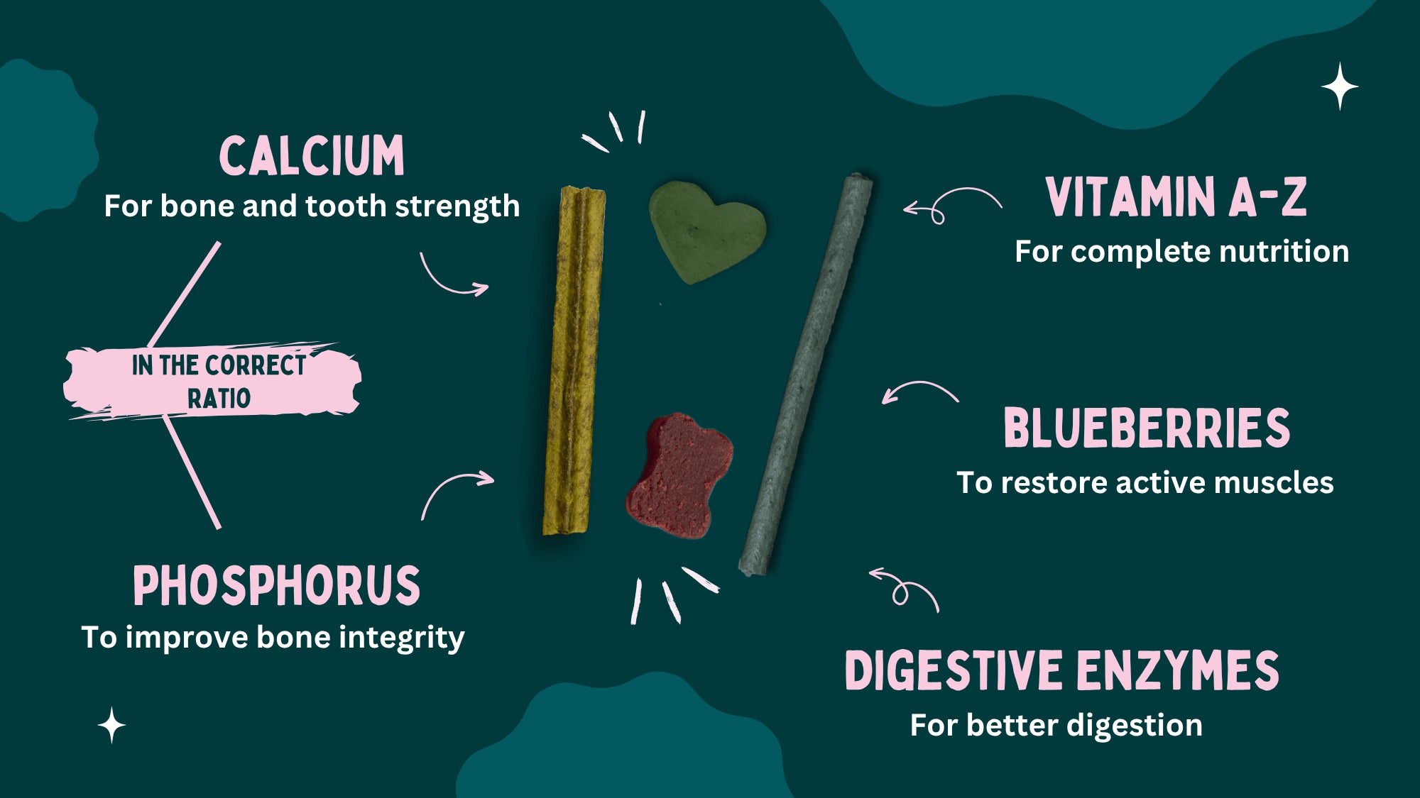 Diagram of dog treats with nutritional benefits on a dark green background